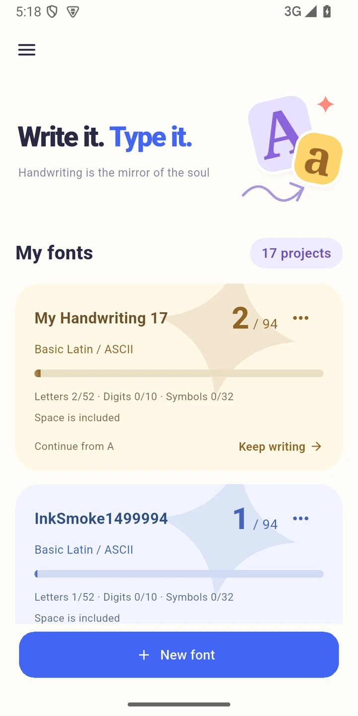 FontSoul home with macaron project cards and the new font button